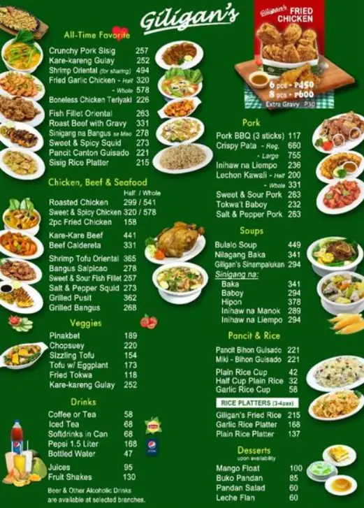 Giligan’s Philippines Menu