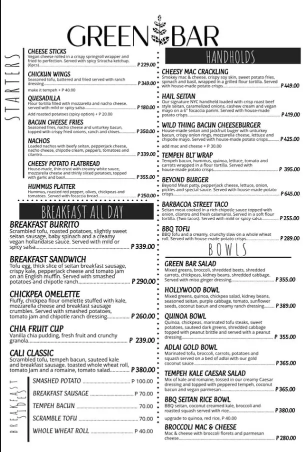 Green Bar Philippines Menu