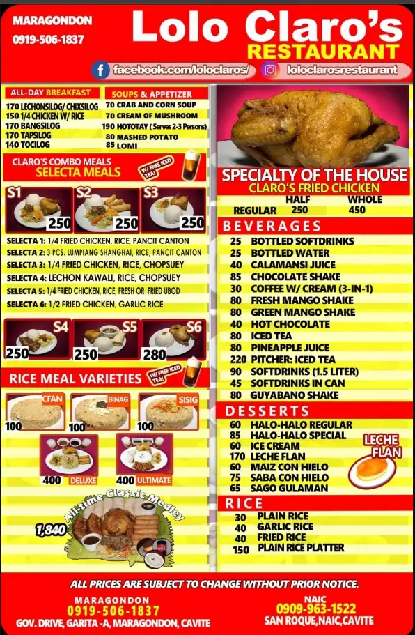 Lolo Claros Philippines Menu