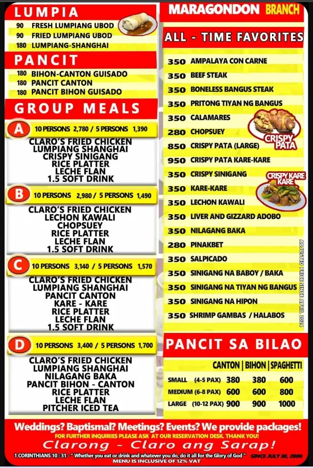 Lolo Claros Menu