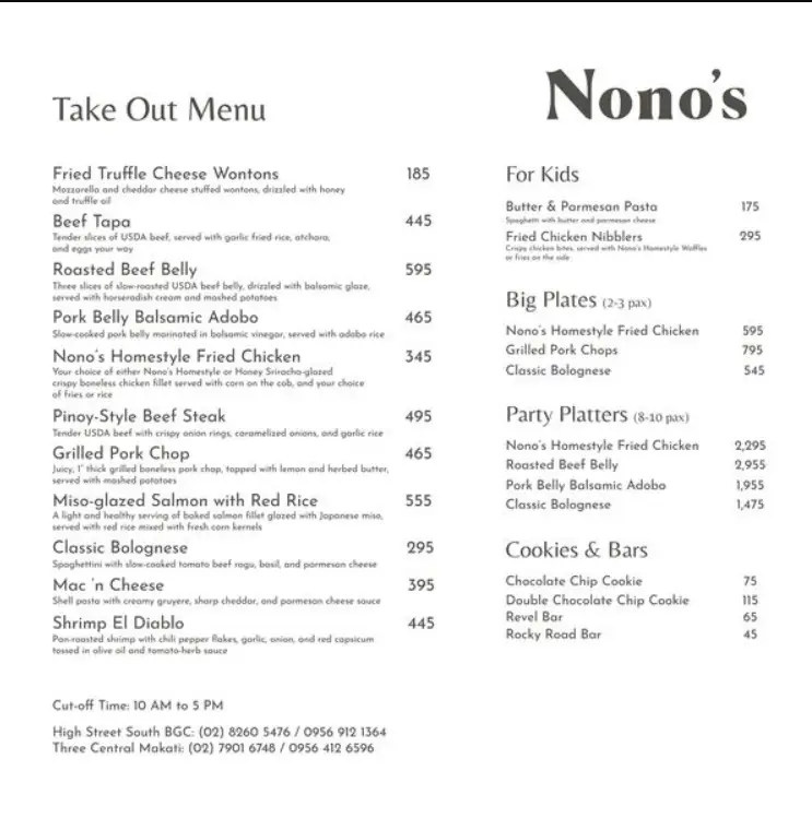 Nono’s Menu