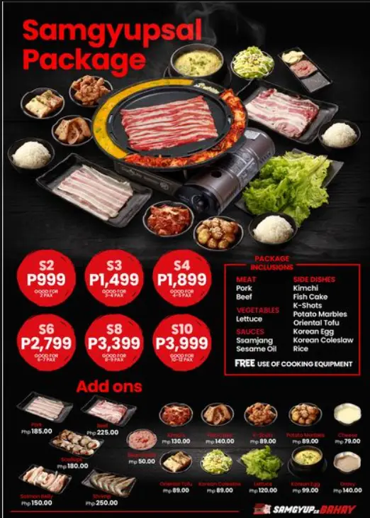 Samgyupsal Philippines Menu